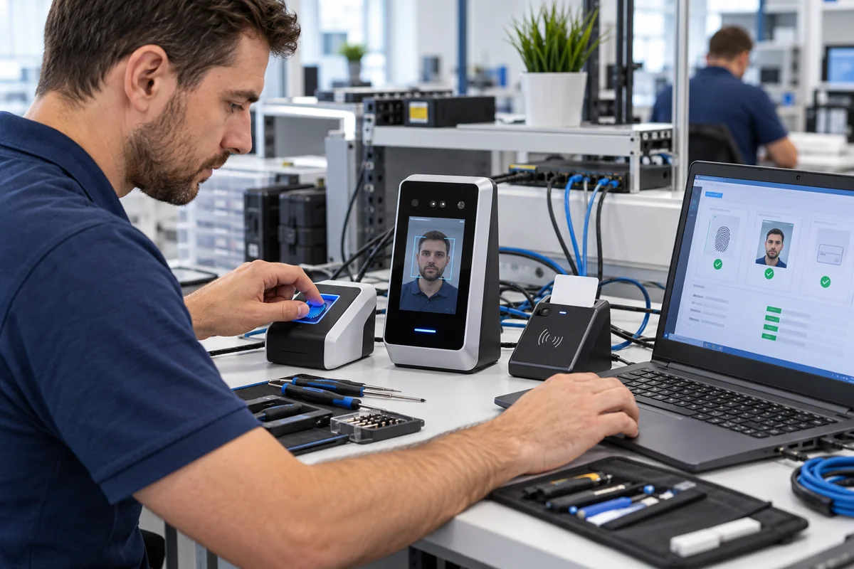 Male technician configuring fingerprint, face and card readers on a service workbench