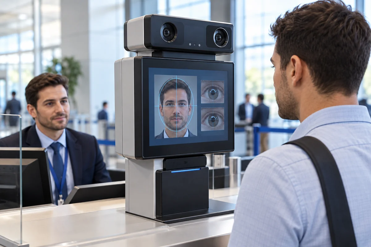 Man using a face and iris recognition station at a service counter