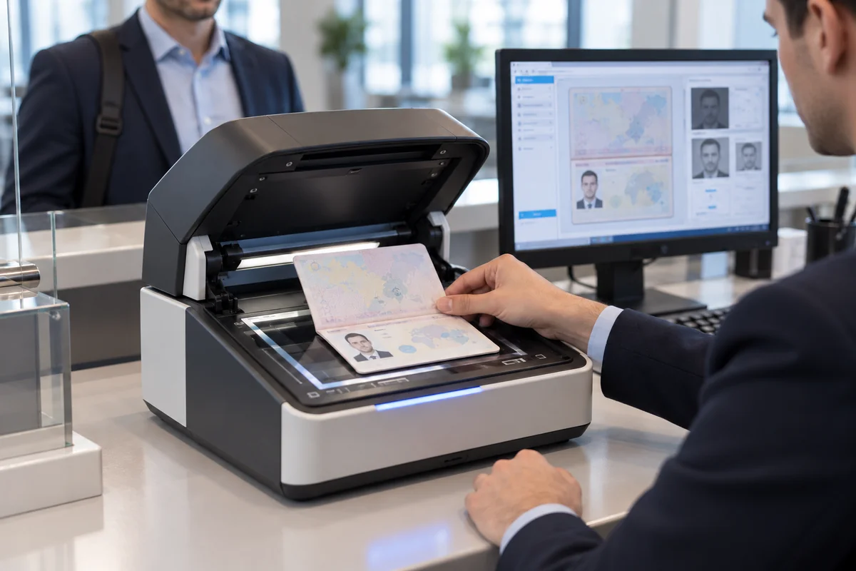 Electronic document reader and a specimen document at an identity verification desk