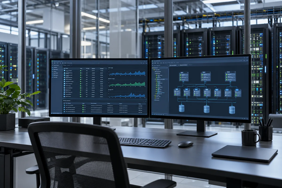 Virtual machine and cloud resource management workstation beside a server room
