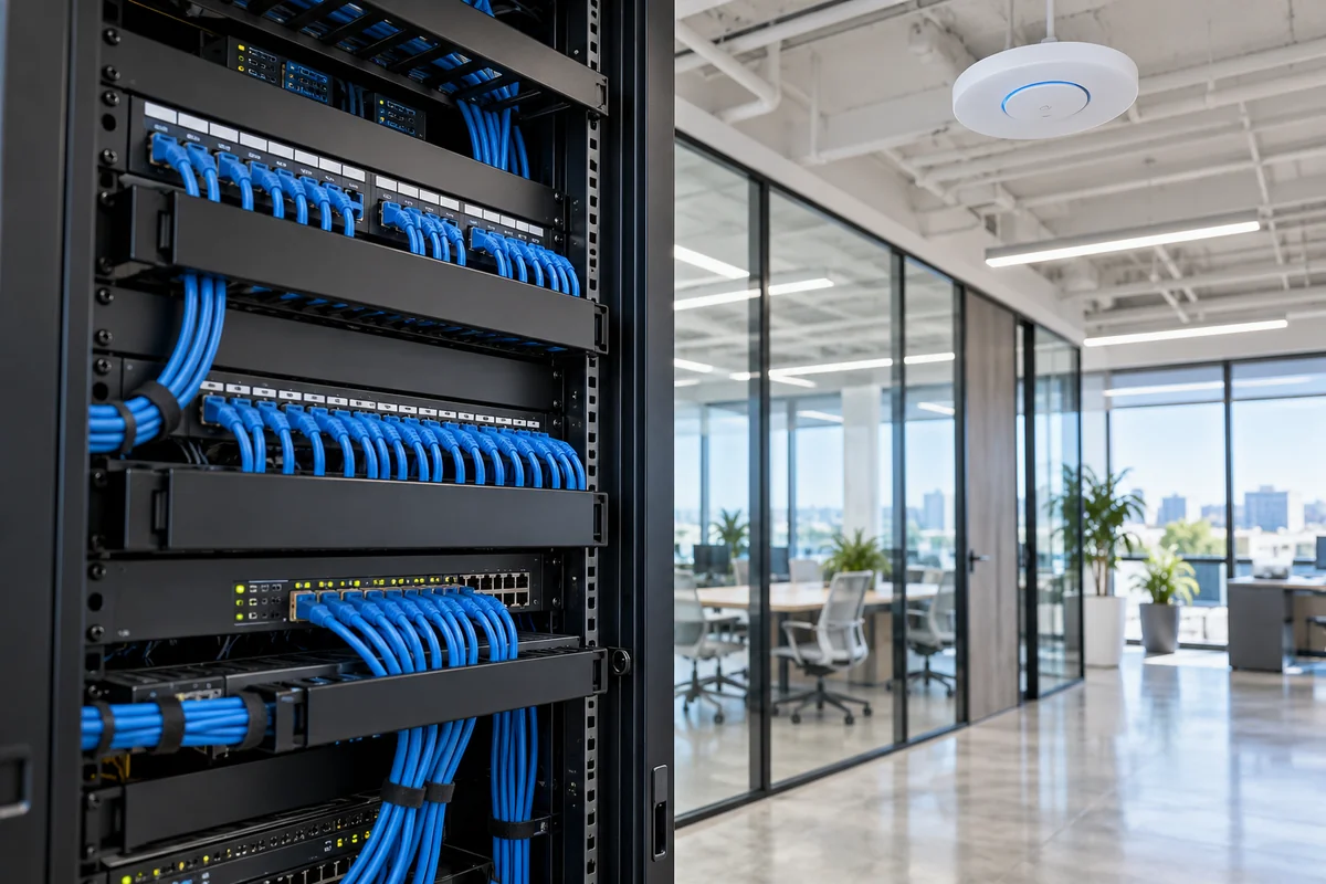 Structured network cabling and a wireless access point in an office environment